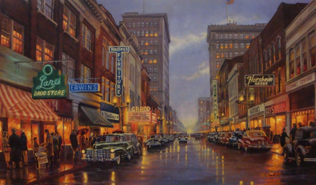 Ohio Valley artist Dave Barnhouse painted this scene of 1940-50 downtown Steubenville, looking down 4th St. toward Market St.